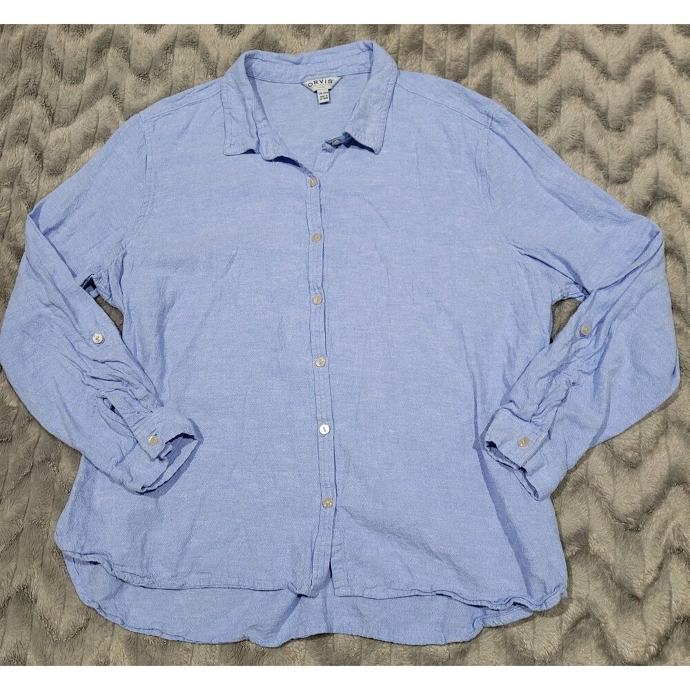 Orvis Womens XXL Linen Blend Blue Button Up Long Sleeve Shirt